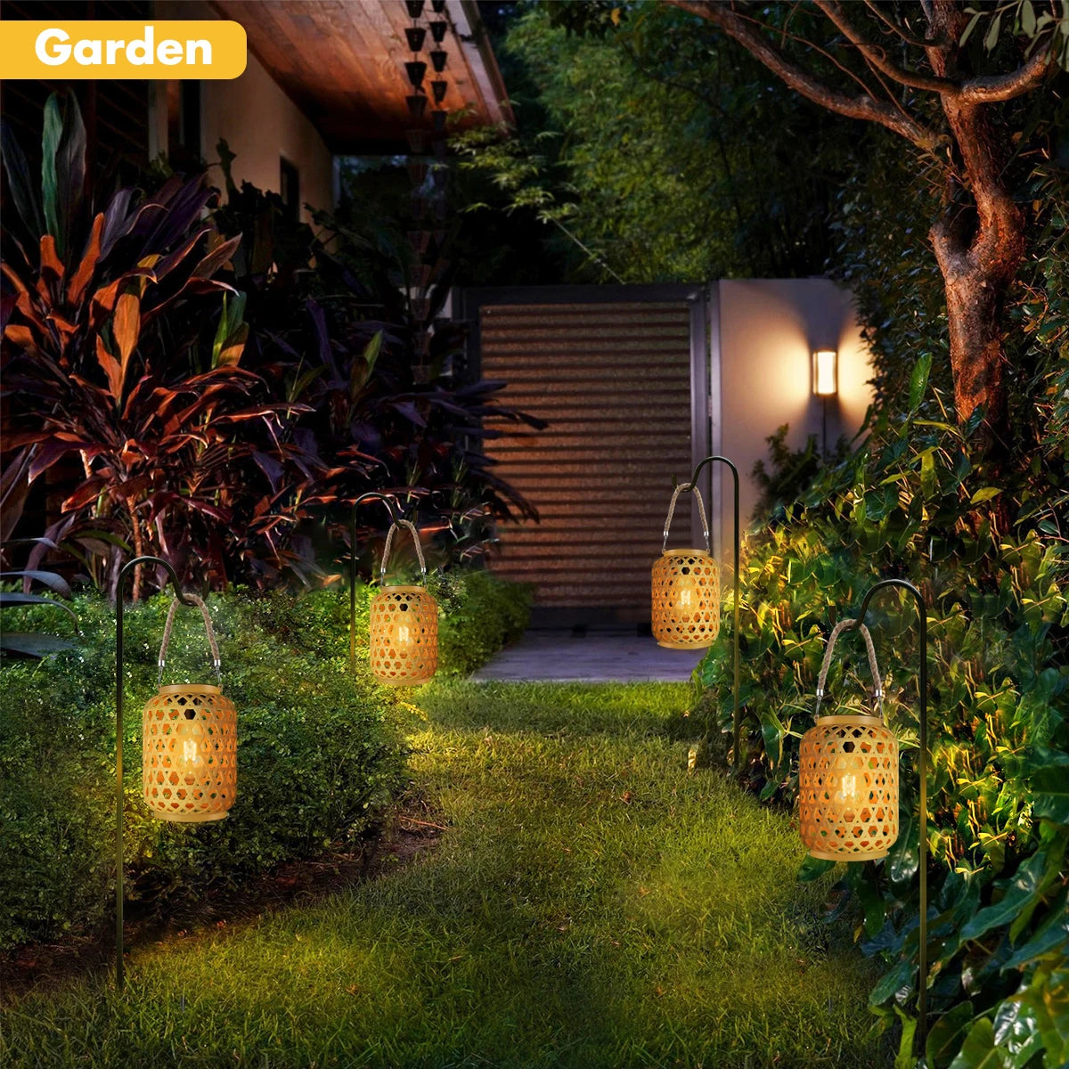 Rattan-Look Solar Lantern with Rope Handle – Vintage Bulb Glow