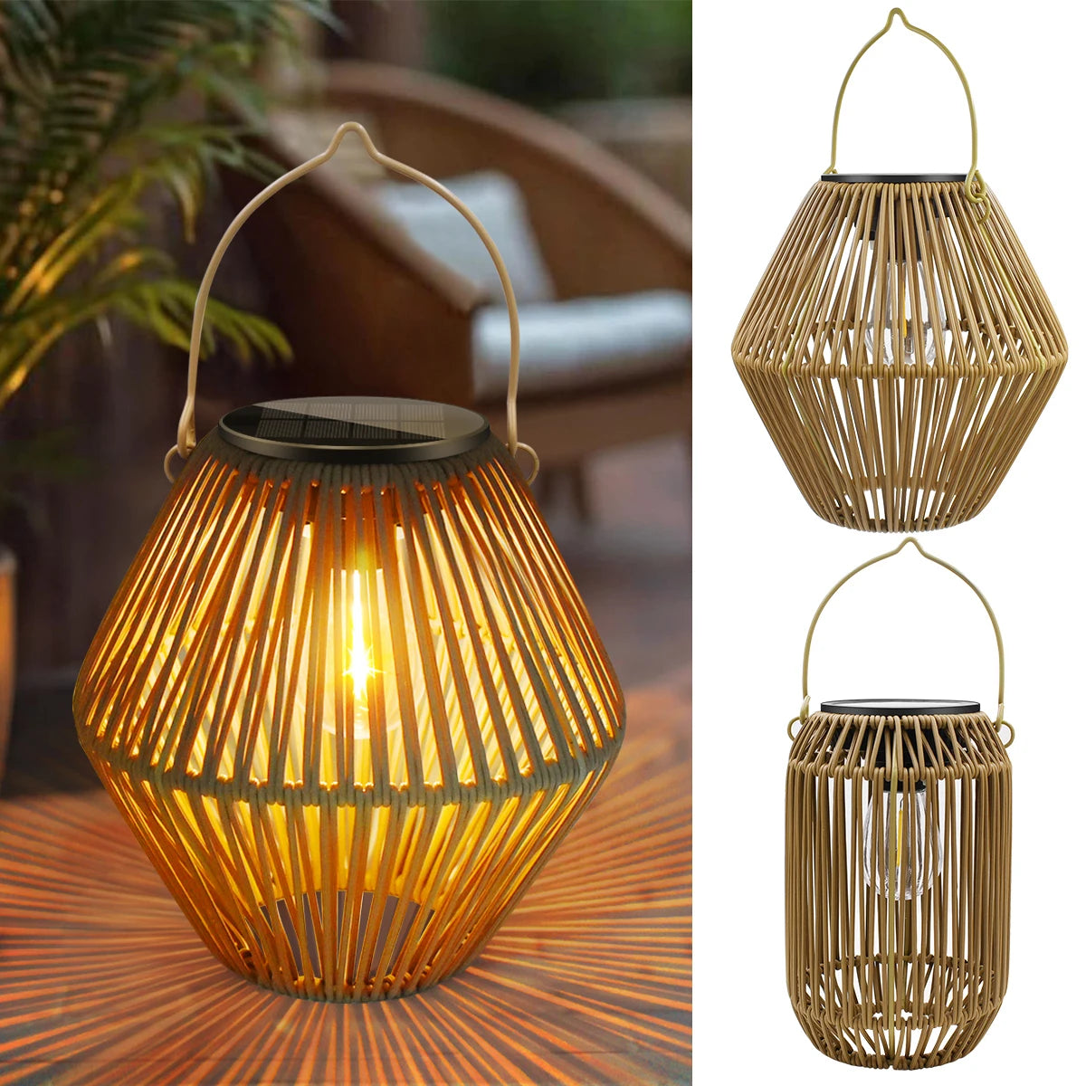 Solar Rattan-Look Hanging Lantern – Slim or Wide Style