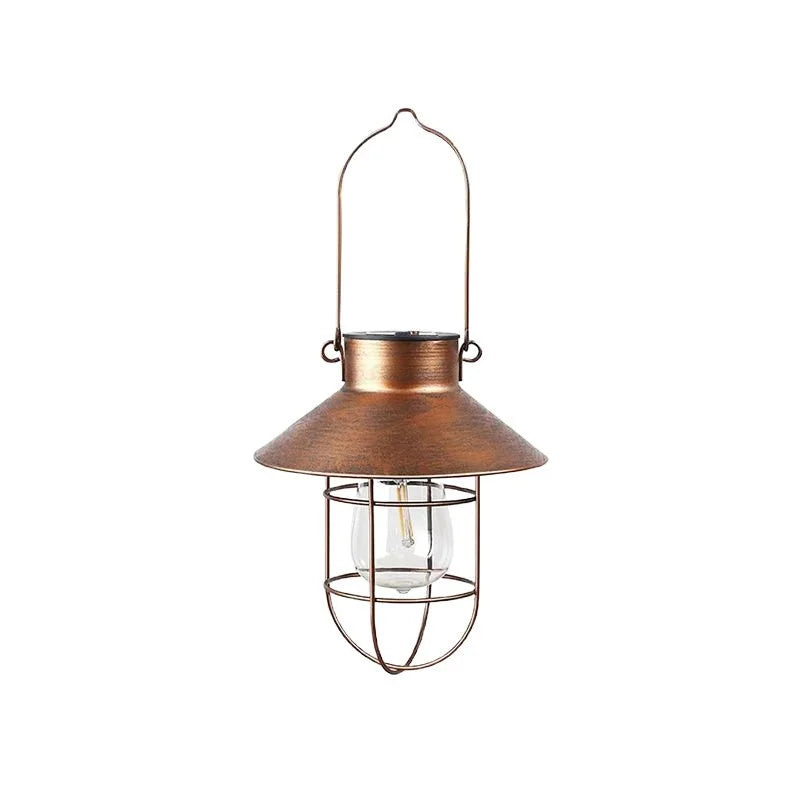 Copper-Tone Solar Lantern – Vintage Caged Bulb, Hanging