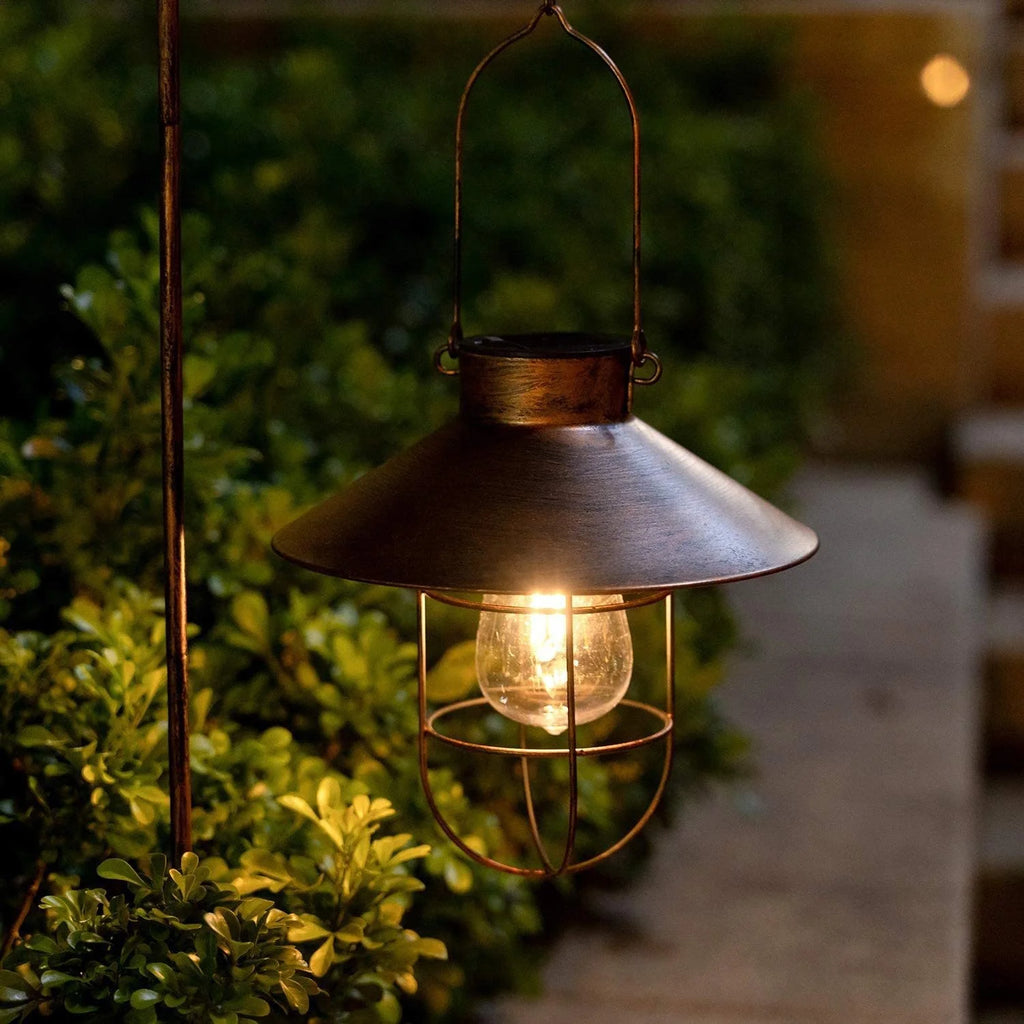 Copper-Tone Solar Lantern – Vintage Caged Bulb, Hanging