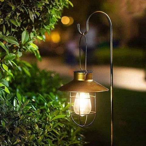 Copper-Tone Solar Lantern – Vintage Caged Bulb, Hanging