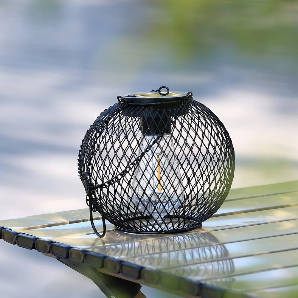 Mesh Globe Solar Lantern – Hanging, Vintage Bulb Look