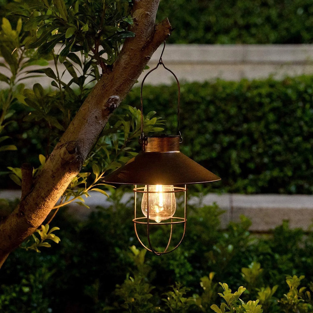 Copper-Tone Solar Lantern – Vintage Caged Bulb, Hanging