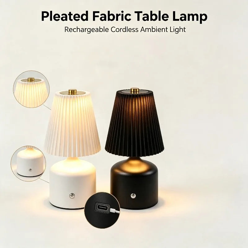 Pleated Shade Cordless Bedside Lamp – Rechargeable LED