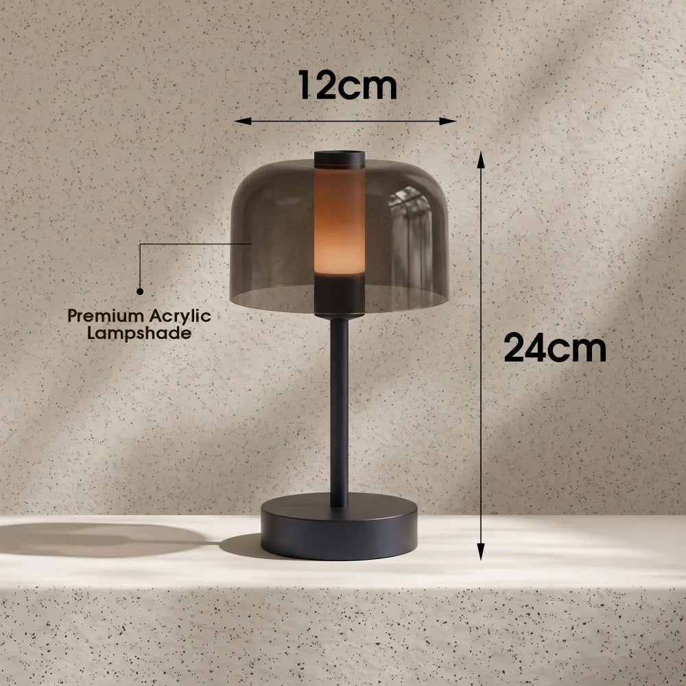 Smoked Dome Cordless Table Lamp – Rechargeable LED, 24 cm
