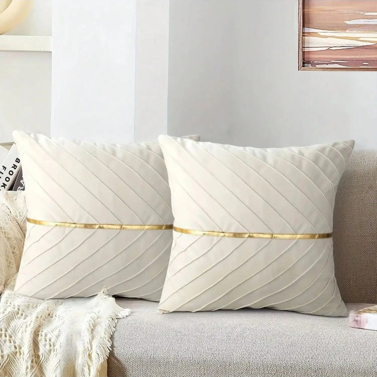 Pleated Velvet Cushion Cover with Gold-Tone Trim – 45 × 45 cm