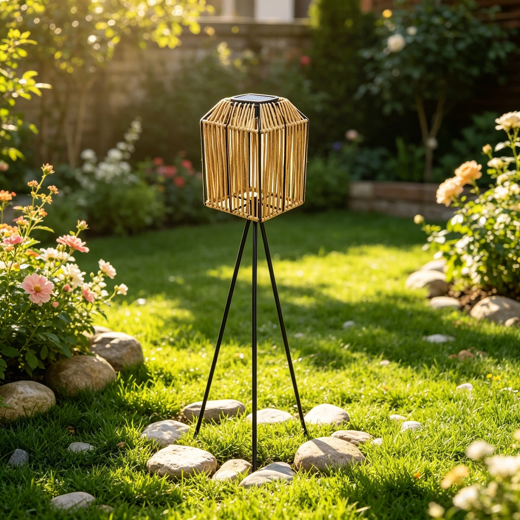 Rattan-Look Solar Floor Lantern on Tripod – 79 cm