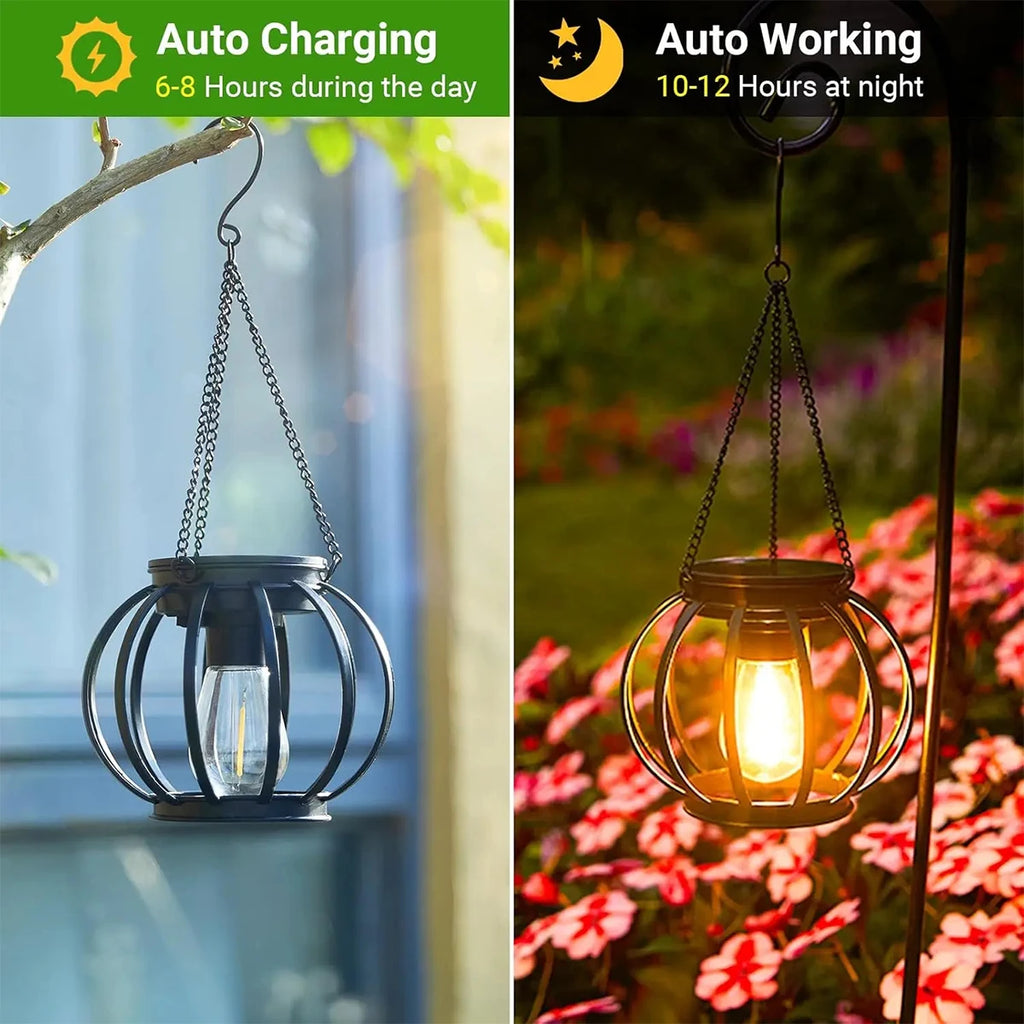 Iron Solar Hanging Lantern – Vintage Bulb Look