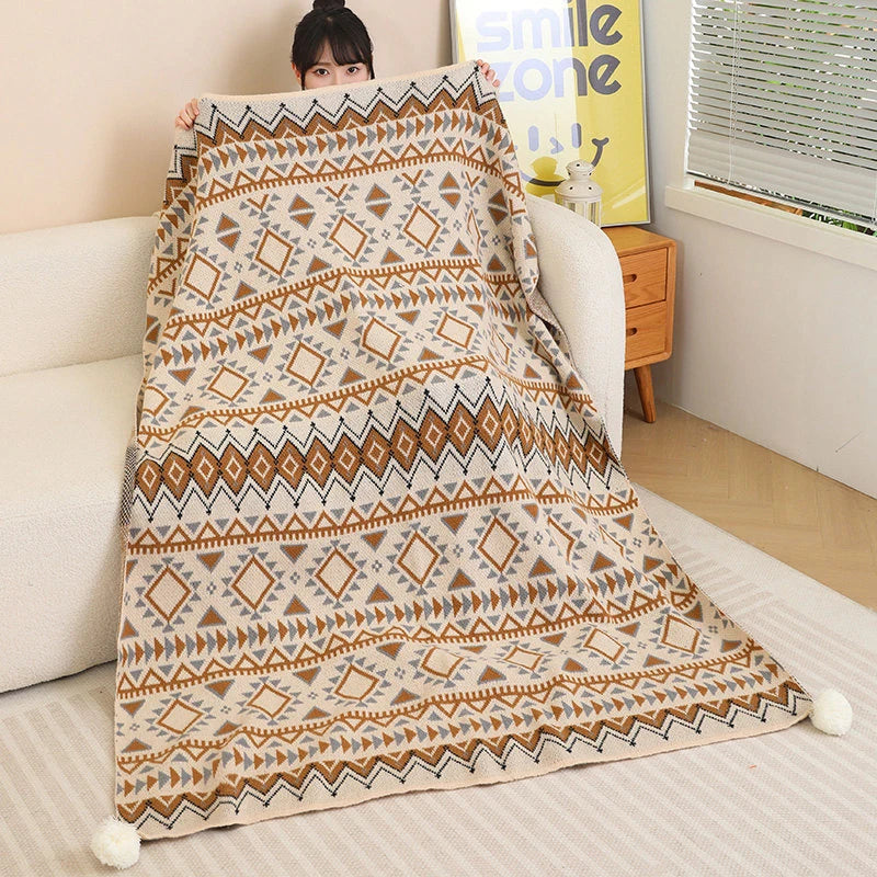 Aztec Knit Throw with Pom-Pom Tassels – 130 × 170 cm