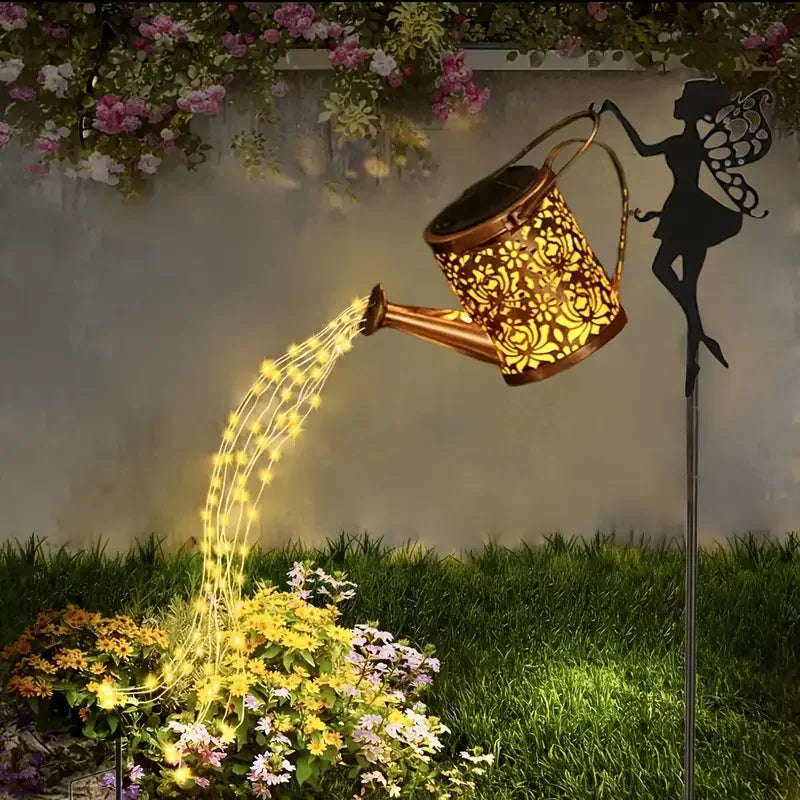 Solar Fairy Watering Can Light – Cascading Fairy Lights on a Garden Stake