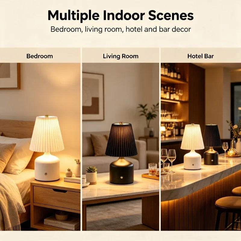 Pleated Shade Cordless Bedside Lamp – Rechargeable LED