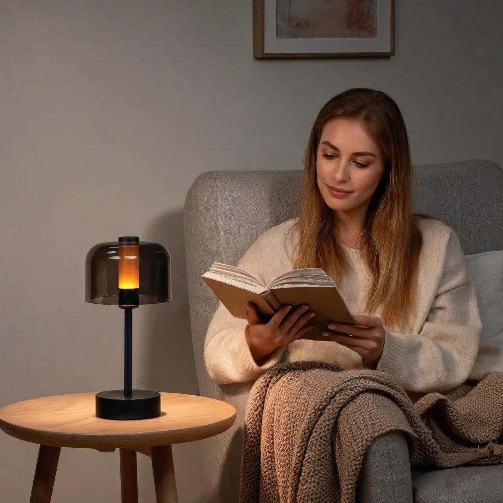 Smoked Dome Cordless Table Lamp – Rechargeable LED, 24 cm