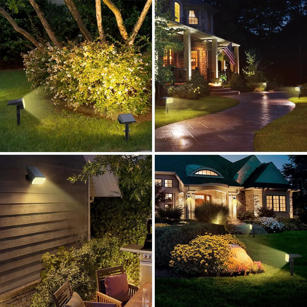 Solar Landscape Spotlights – 52 LED, 2-in-1 Stake or Wall Mount, Set of 2