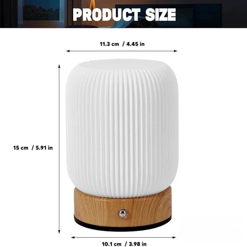 Ribbed Shade Cordless Lamp – Wood-Grain Base, 15 cm