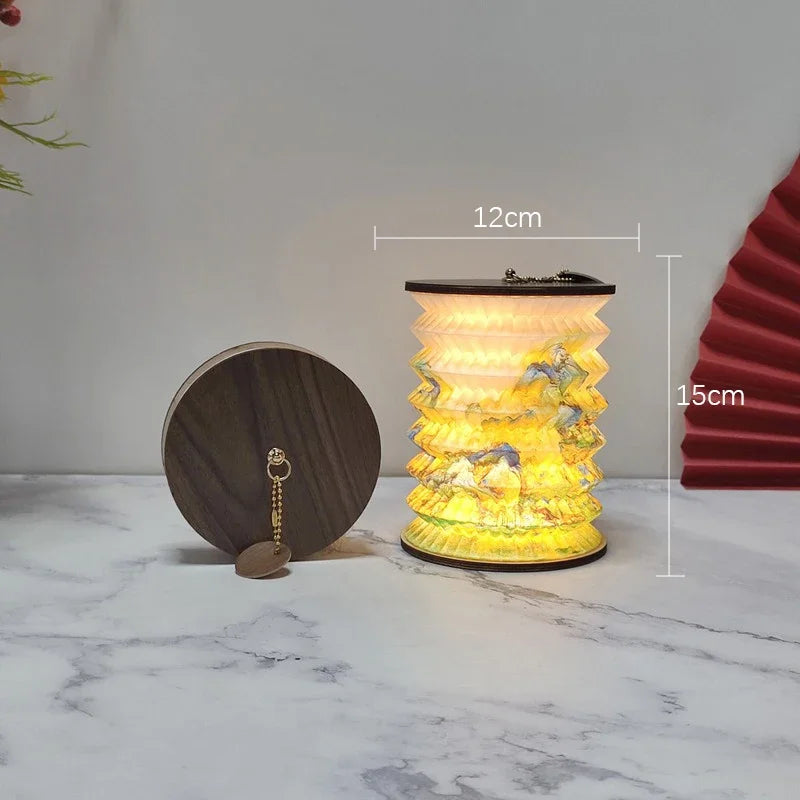 Folding Paper Lantern Cordless Lamp – Wooden Lids, 15 cm