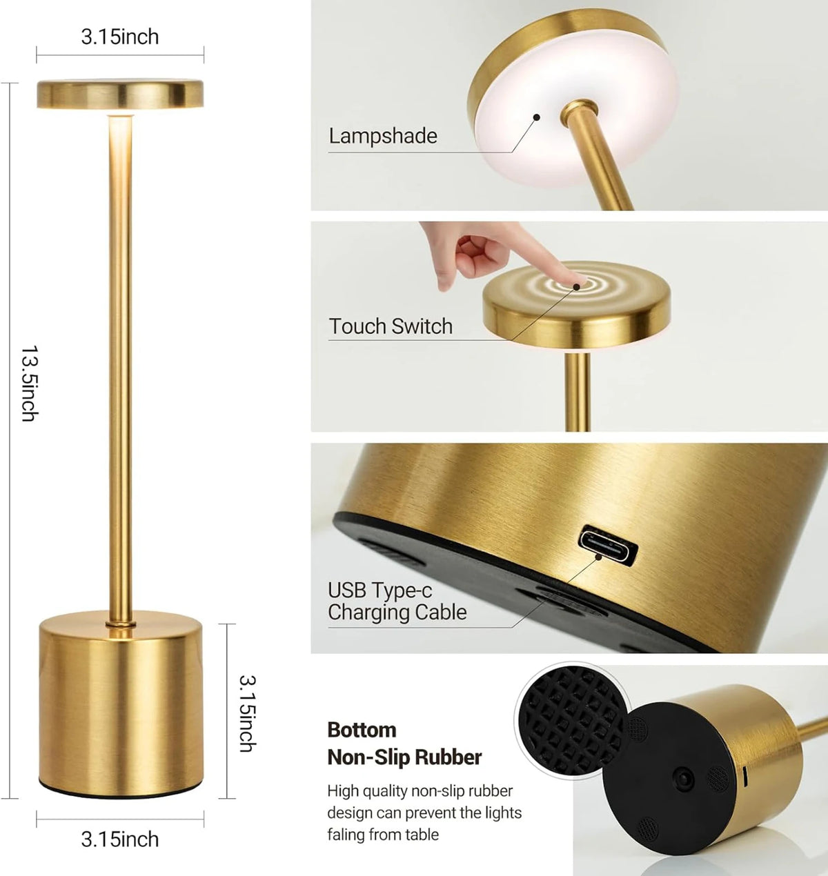 Slim Column Cordless Table Lamp – Rechargeable Metal LED, 34 cm