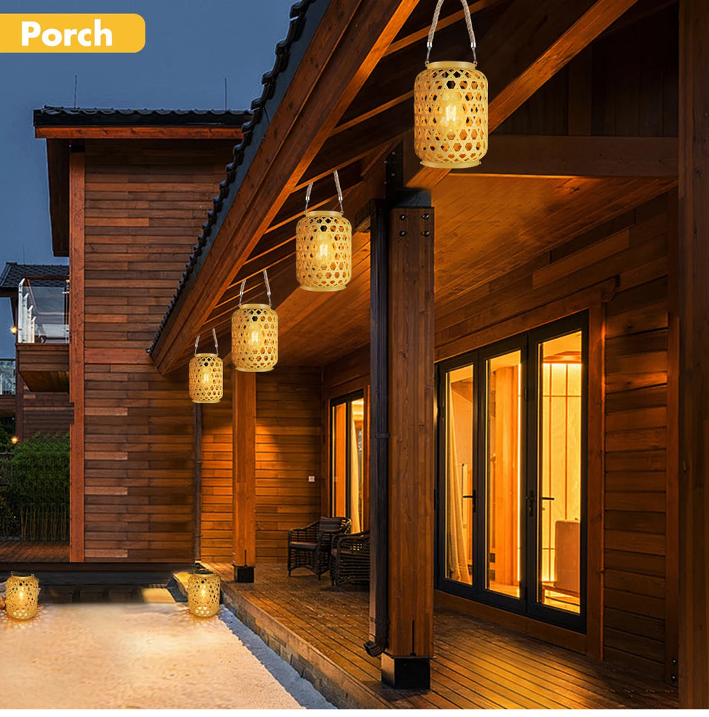 Rattan-Look Solar Lantern with Rope Handle – Vintage Bulb Glow