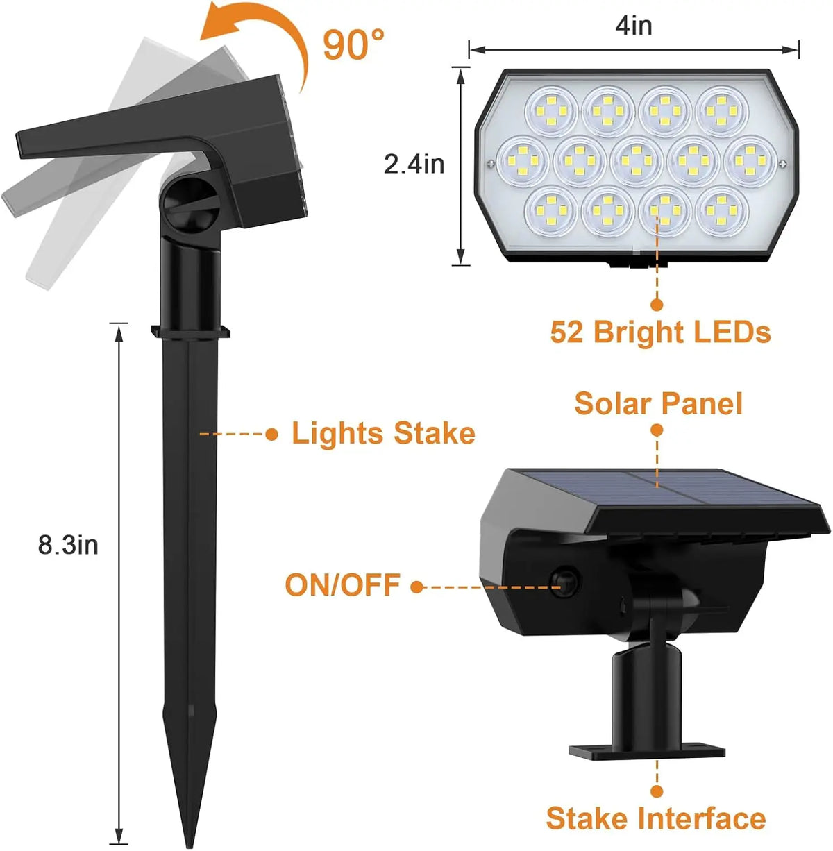 Solar Landscape Spotlights – 52 LED, 2-in-1 Stake or Wall Mount, Set of 2