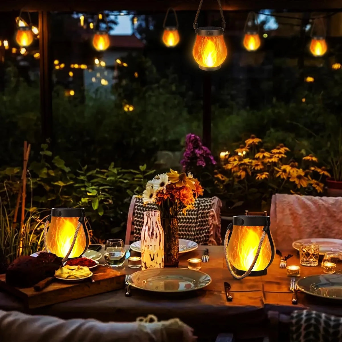 Solar Flame Lantern with Rope Handle – Flickering Flame, Type-C Charging