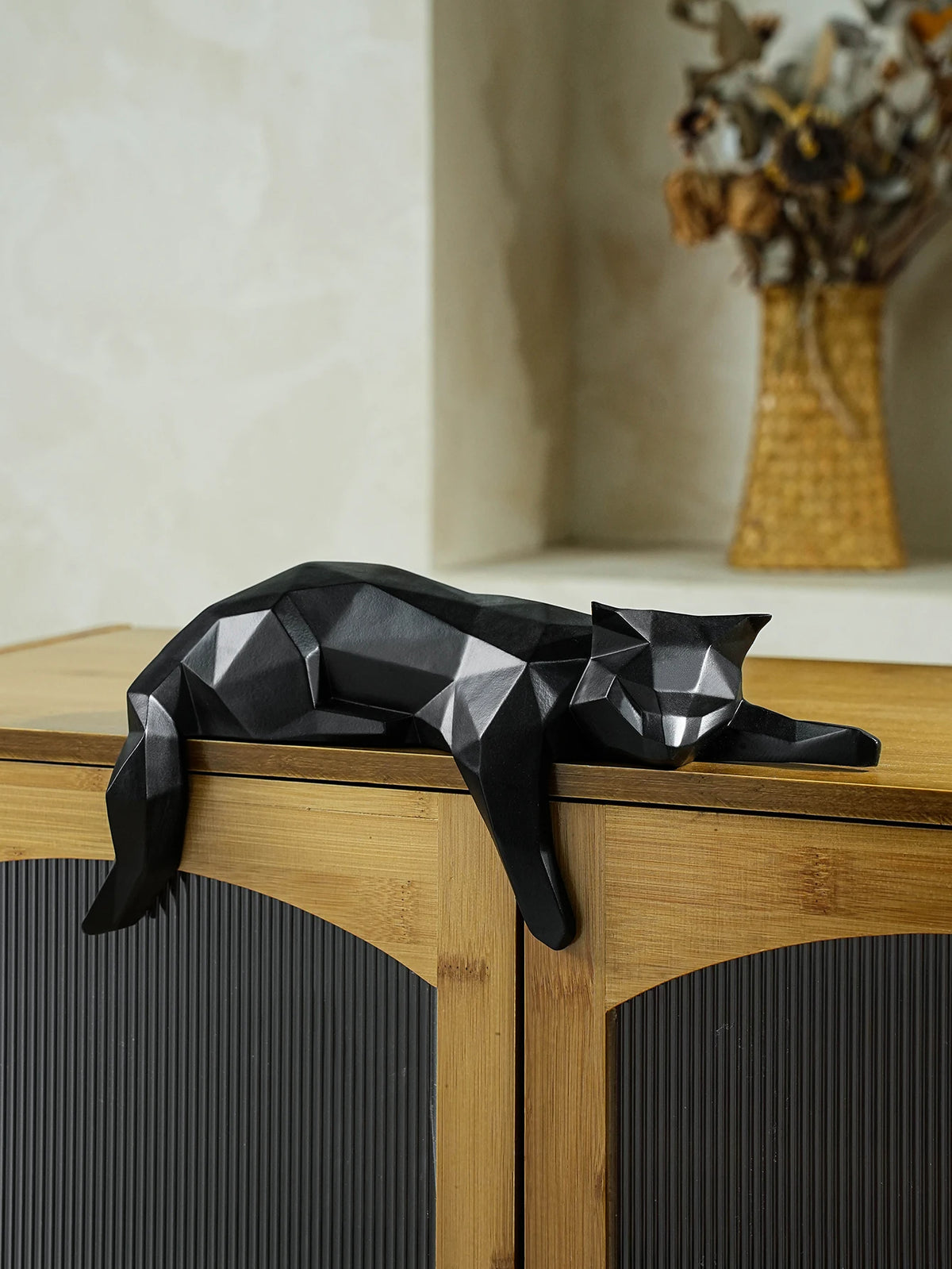 Geometric Lying Cat Statue – Resin, White or Black