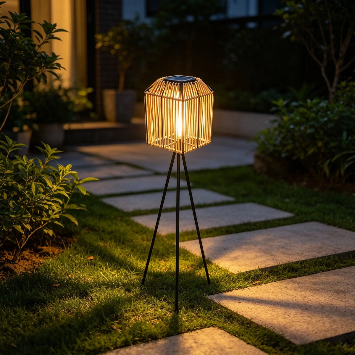 Rattan-Look Solar Floor Lantern on Tripod – 79 cm