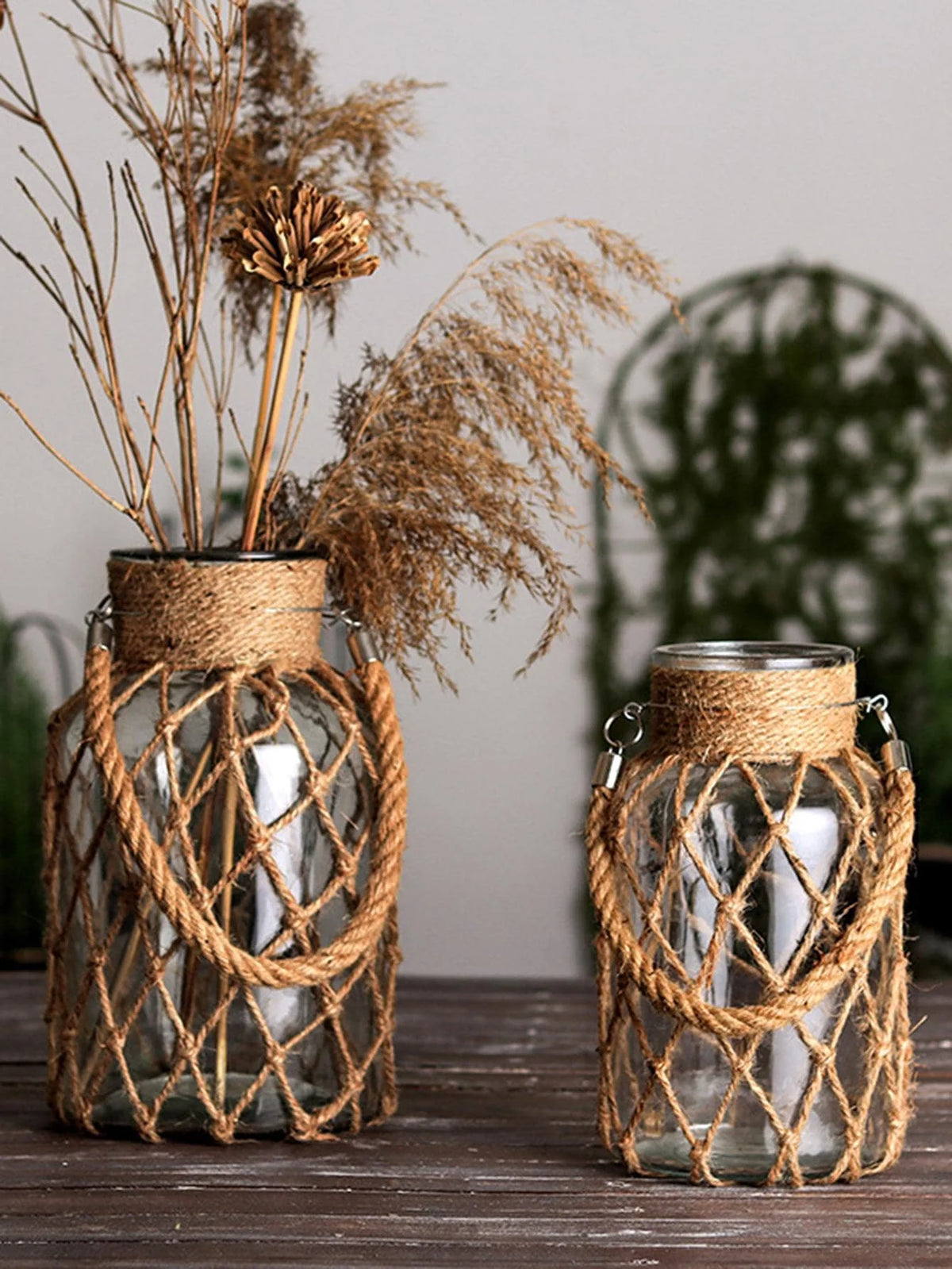 Rope Net Glass Vase – Rustic Jute Wrapped