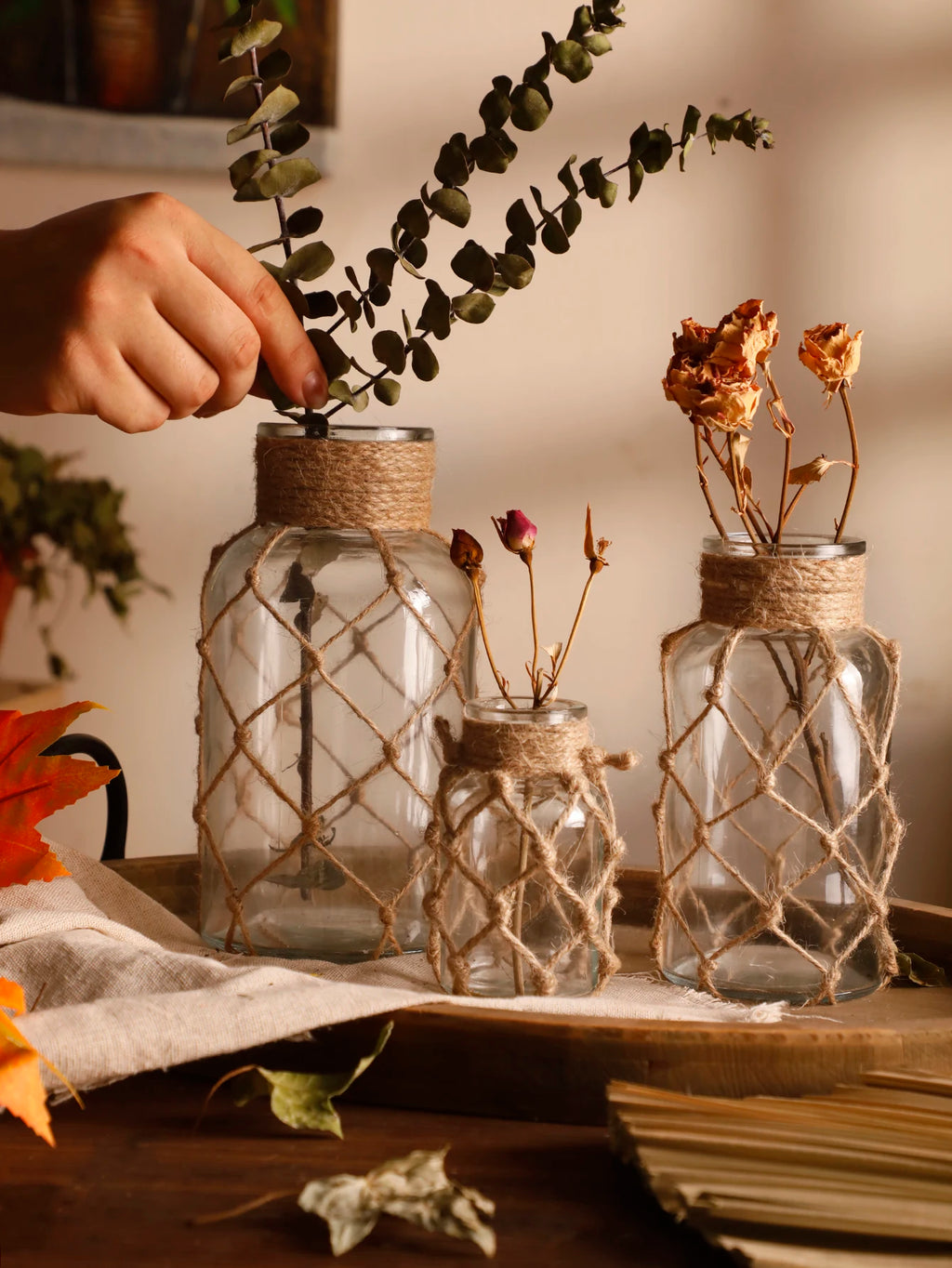 Rope Net Glass Vase – Rustic Jute Wrapped