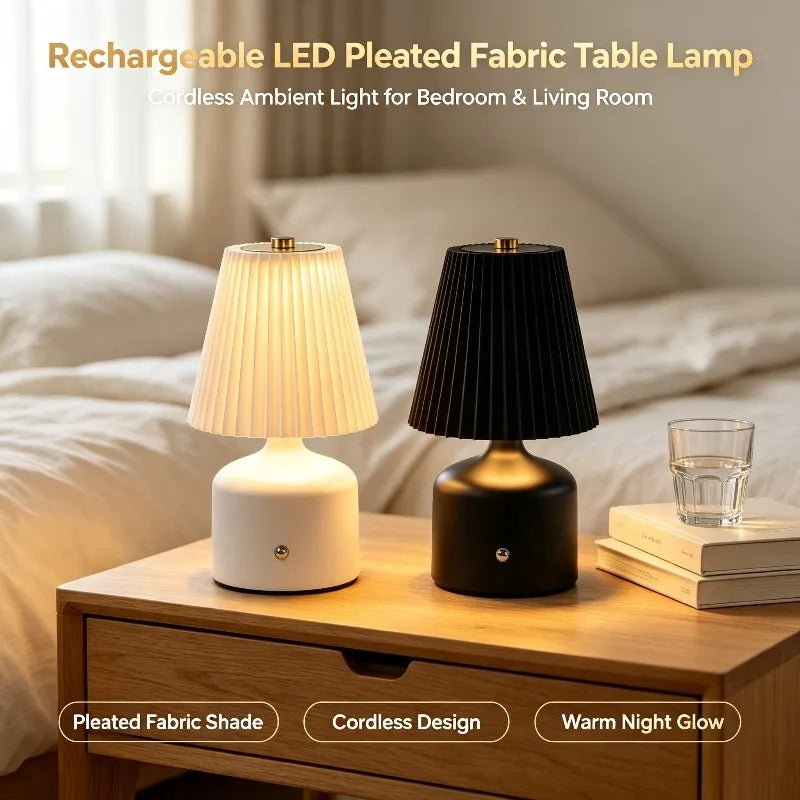 Pleated Shade Cordless Bedside Lamp – Rechargeable LED