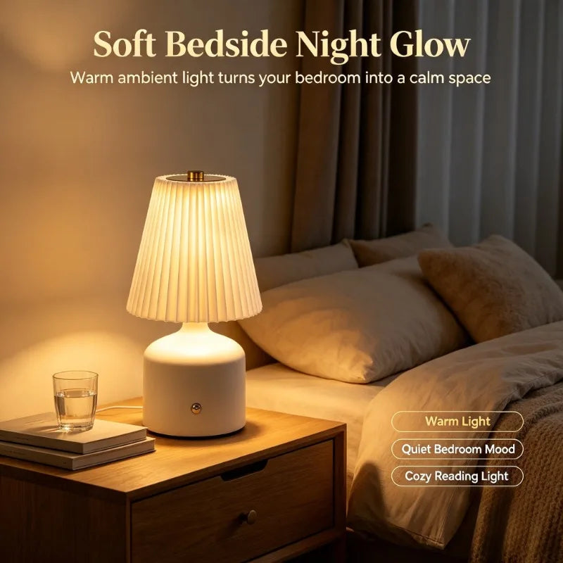 Pleated Shade Cordless Bedside Lamp – Rechargeable LED