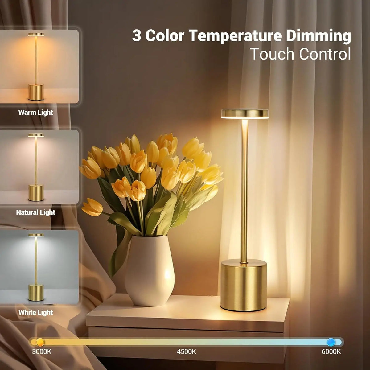 Slim Column Cordless Table Lamp – Rechargeable Metal LED, 34 cm
