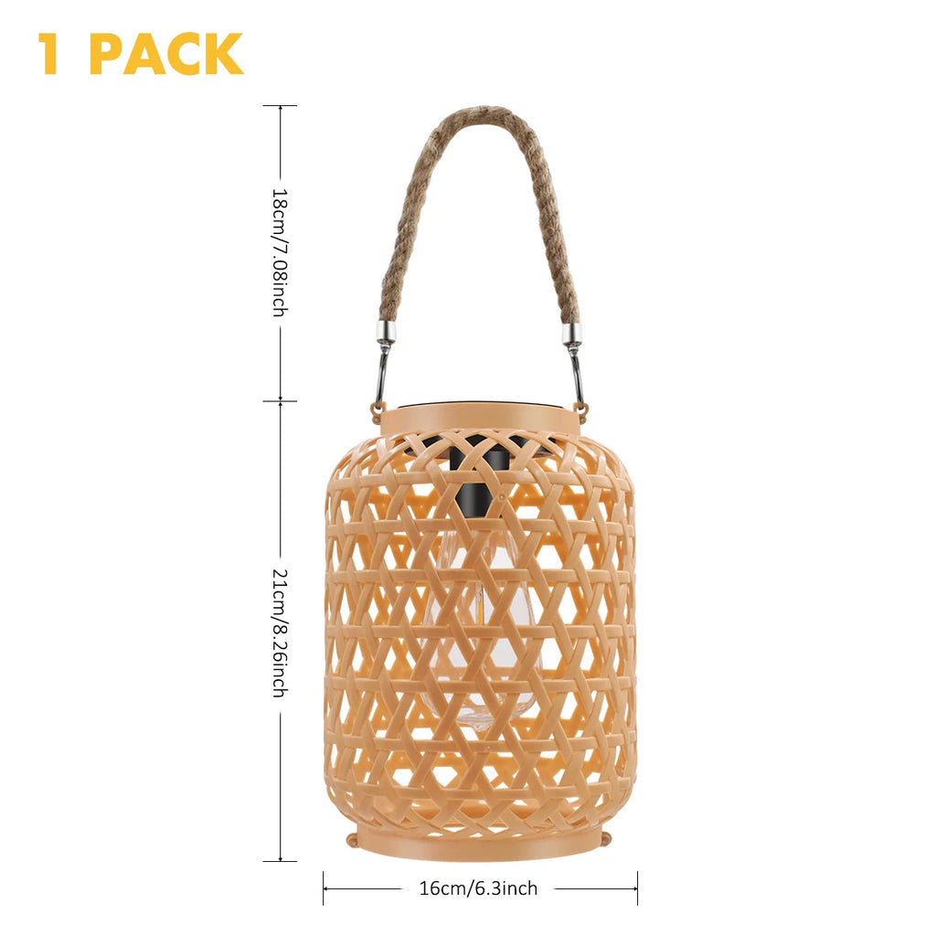 Rattan-Look Solar Lantern with Rope Handle – Vintage Bulb Glow
