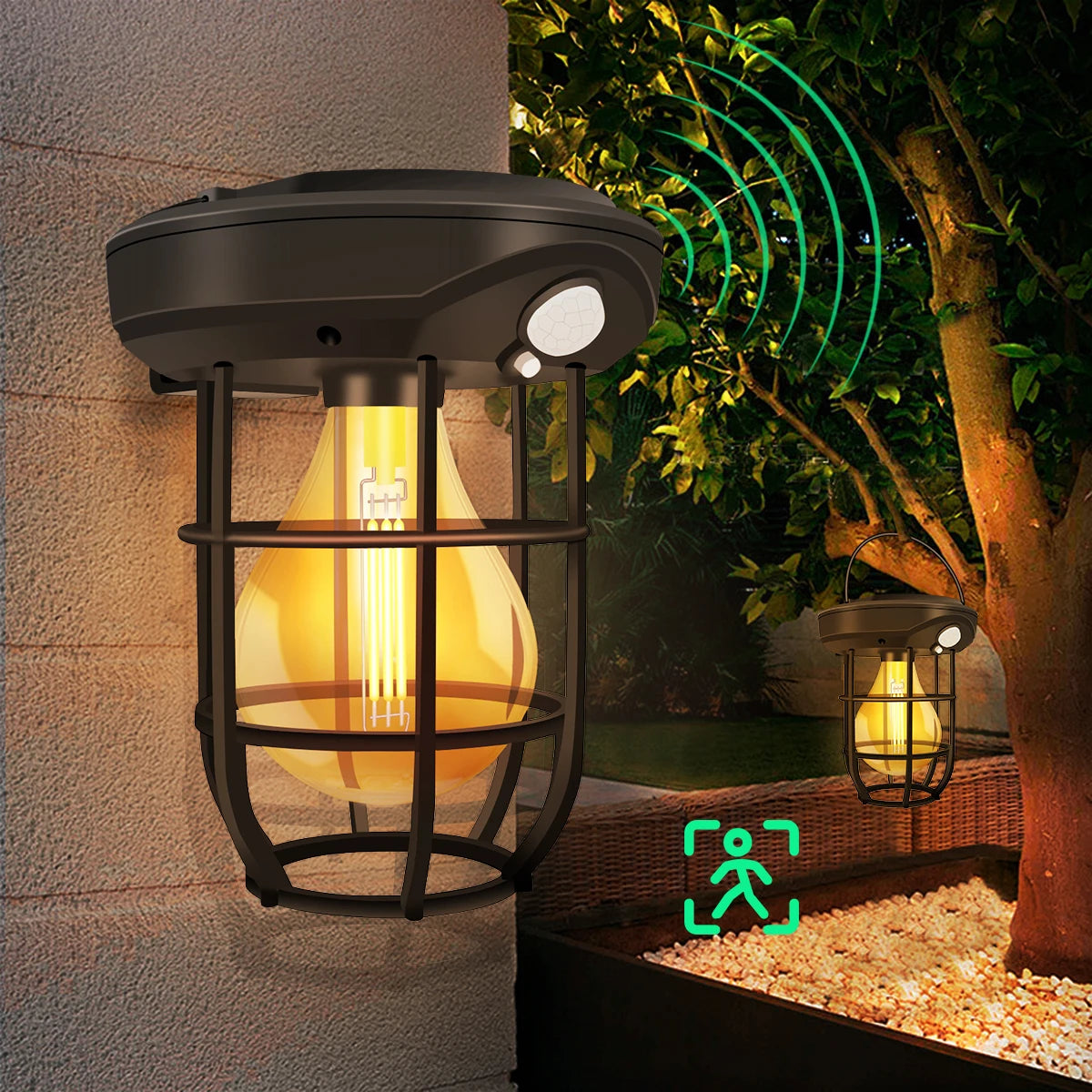 Solar Cage Bulb Lantern with Motion Sensor – Hanging or Wall Mounted