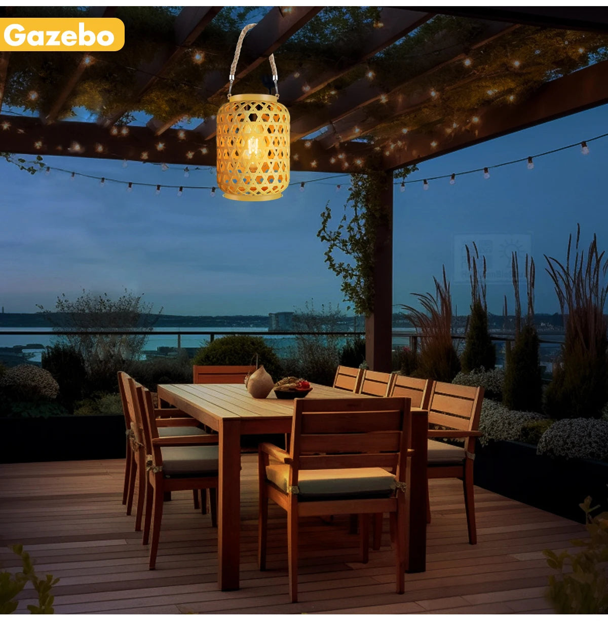 Rattan-Look Solar Lantern with Rope Handle – Vintage Bulb Glow