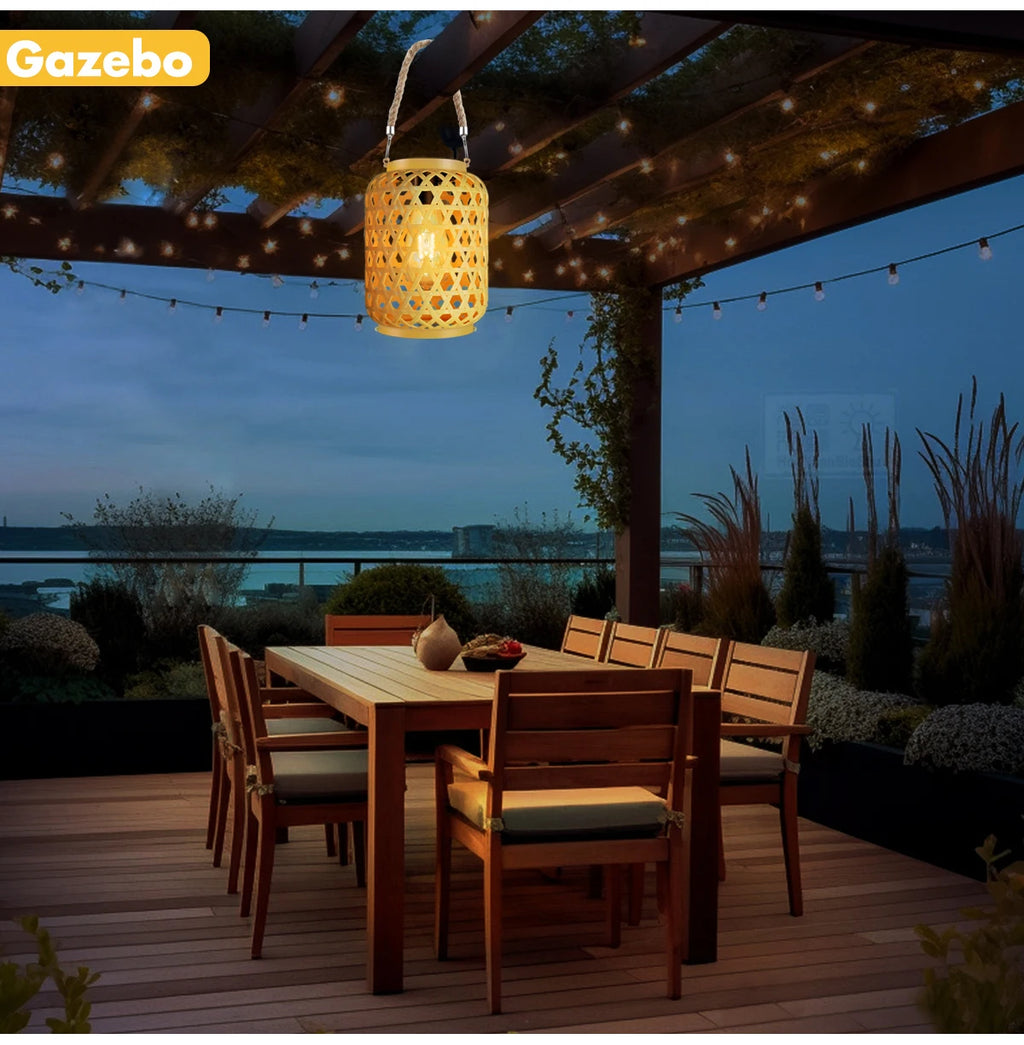 Solar Woven Lantern with Rope Handle and Edison-Style Bulb
