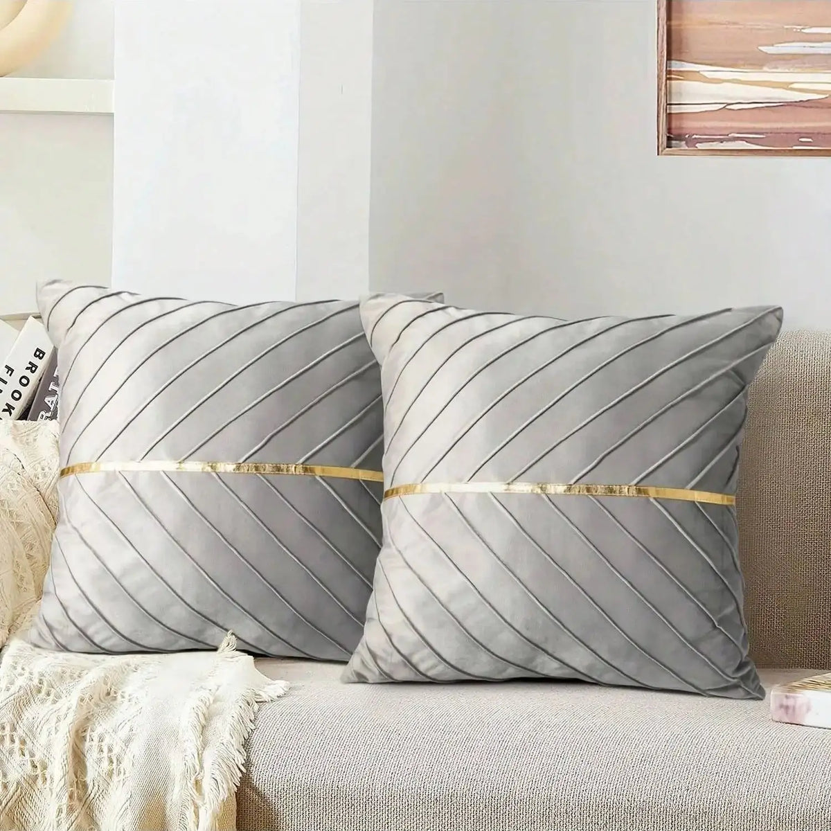Pleated Velvet Cushion Cover with Gold-Tone Trim – 45 × 45 cm