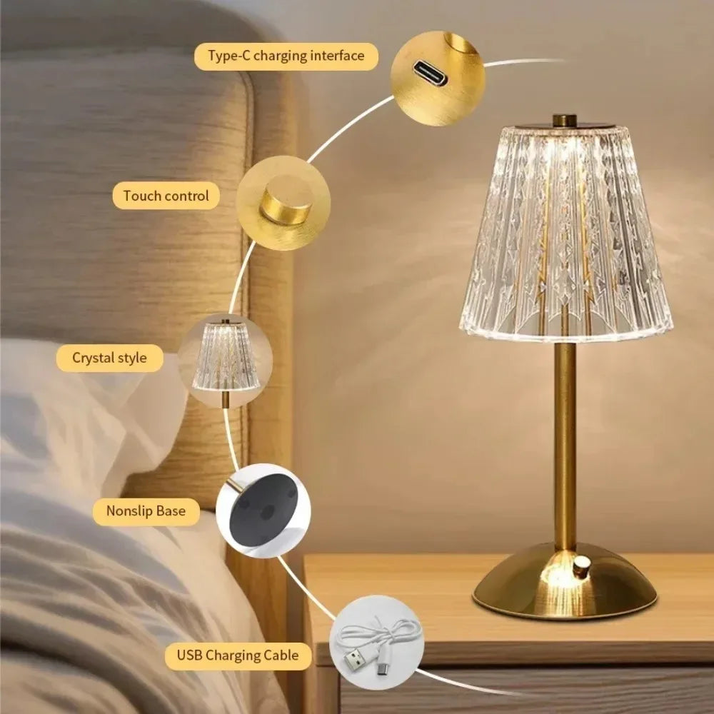 Crystal-Look Shade Cordless Table Lamp – Rechargeable, Gold