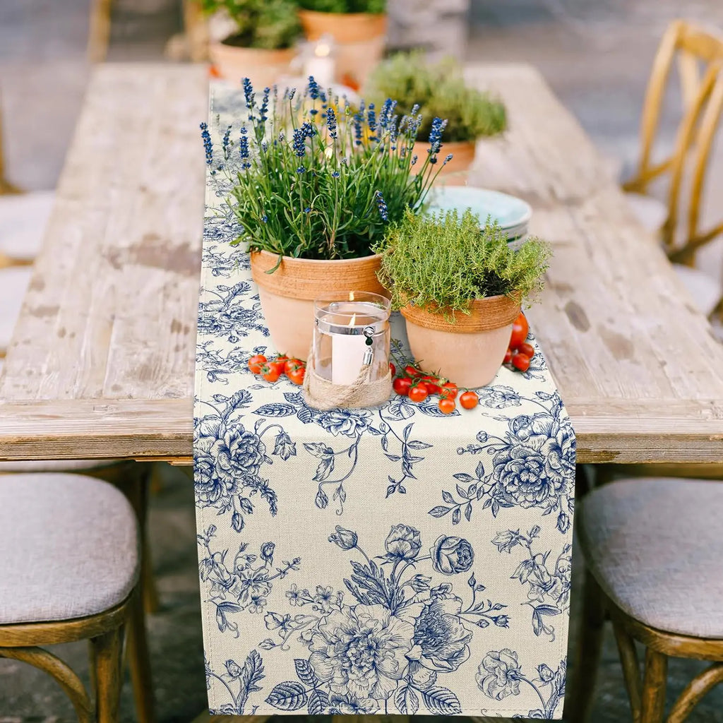 Toile Floral Linen Table Runner – 33 × 180 cm
