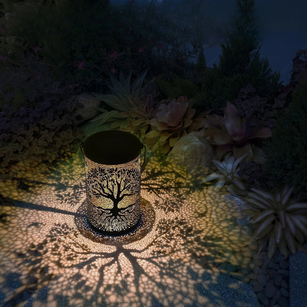 Tree of Life Solar Lantern – Cut-Out Metal, Hanging or Tabletop