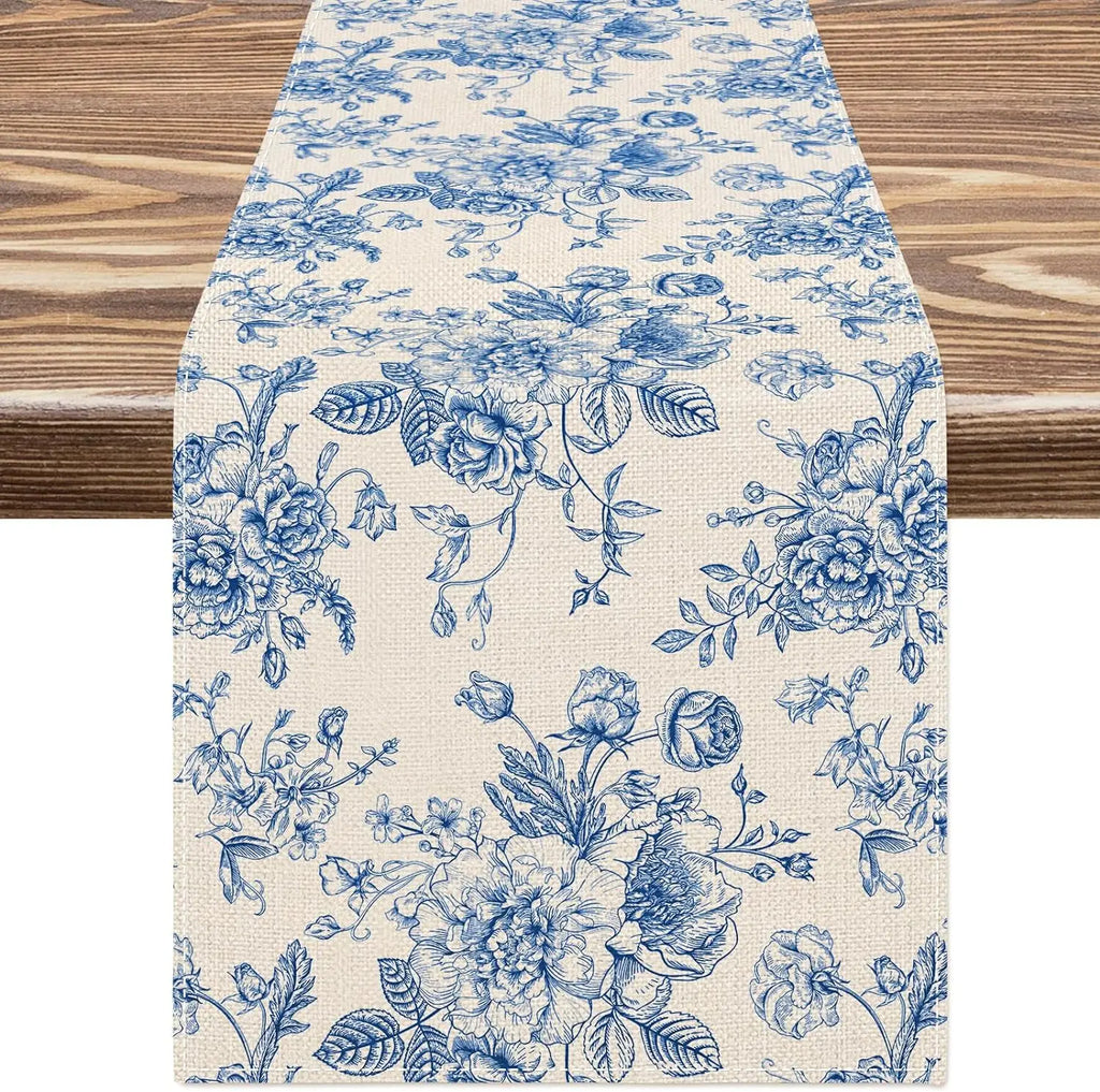 Toile Floral Linen Table Runner – 33 × 180 cm