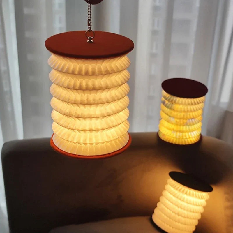 Folding Paper Lantern Cordless Lamp – Wooden Lids, 15 cm
