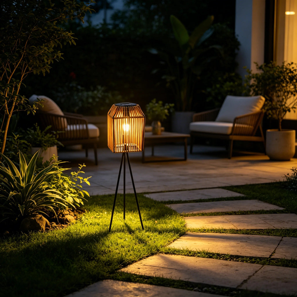 Rattan-Look Solar Floor Lantern on Tripod – 79 cm