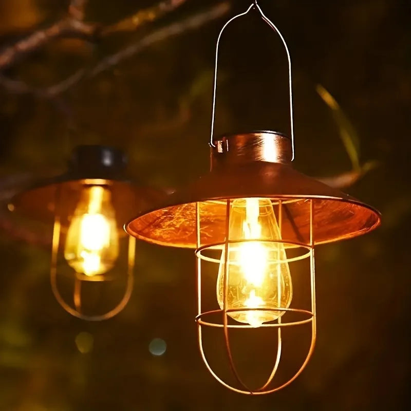 Copper-Tone Solar Lantern – Vintage Caged Bulb, Hanging