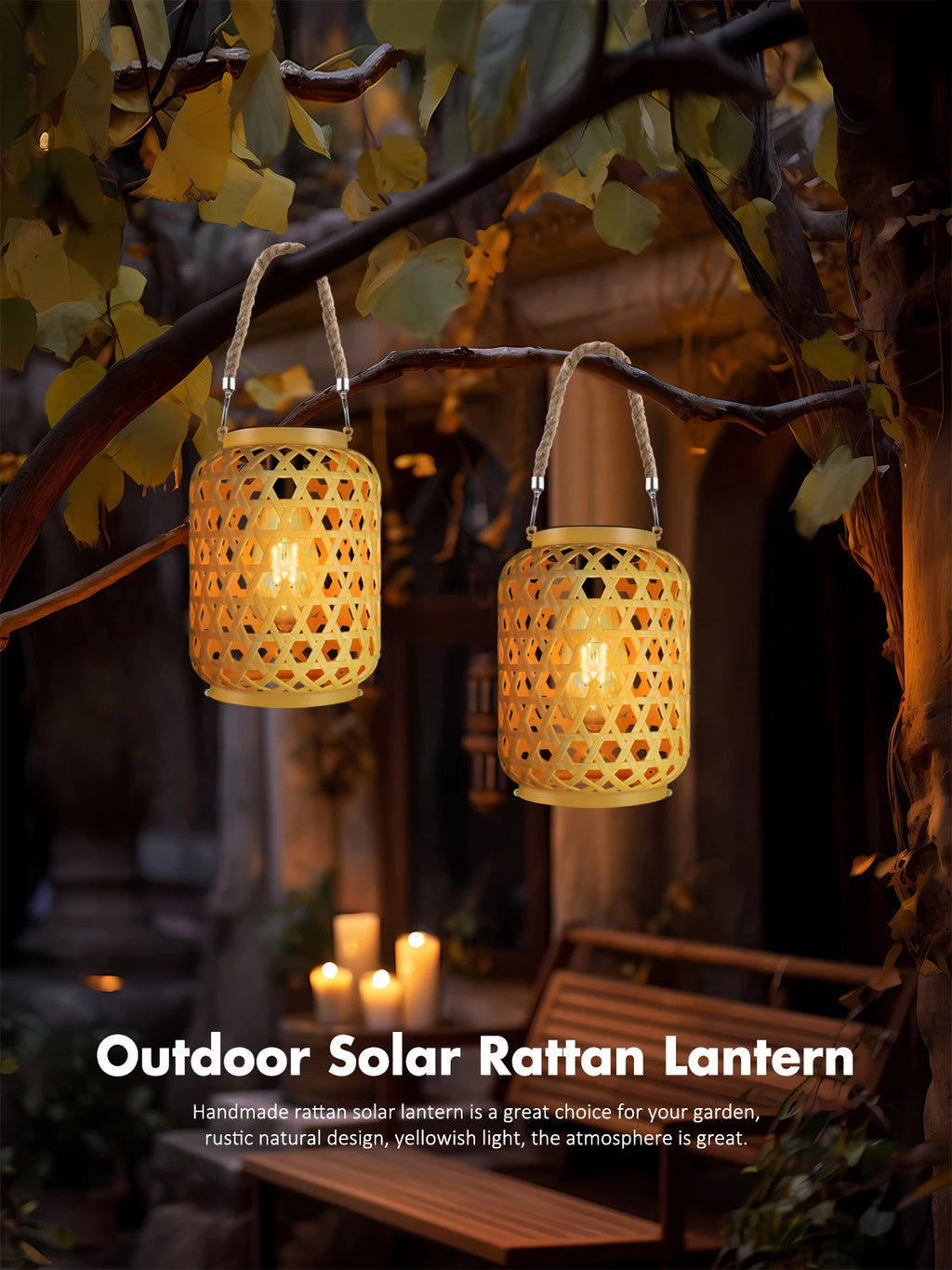 Rattan-Look Solar Lantern with Rope Handle – Vintage Bulb Glow