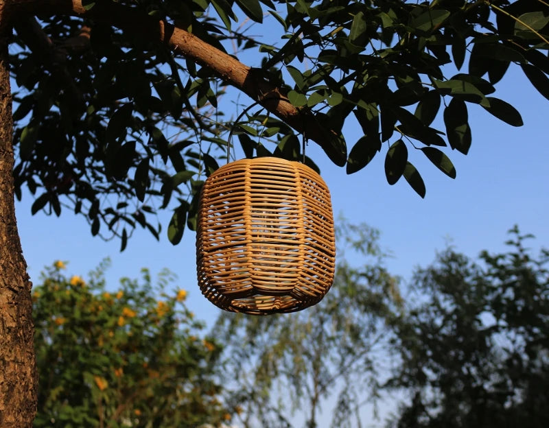 Boho Woven Solar Lantern – Warm LED with Handle