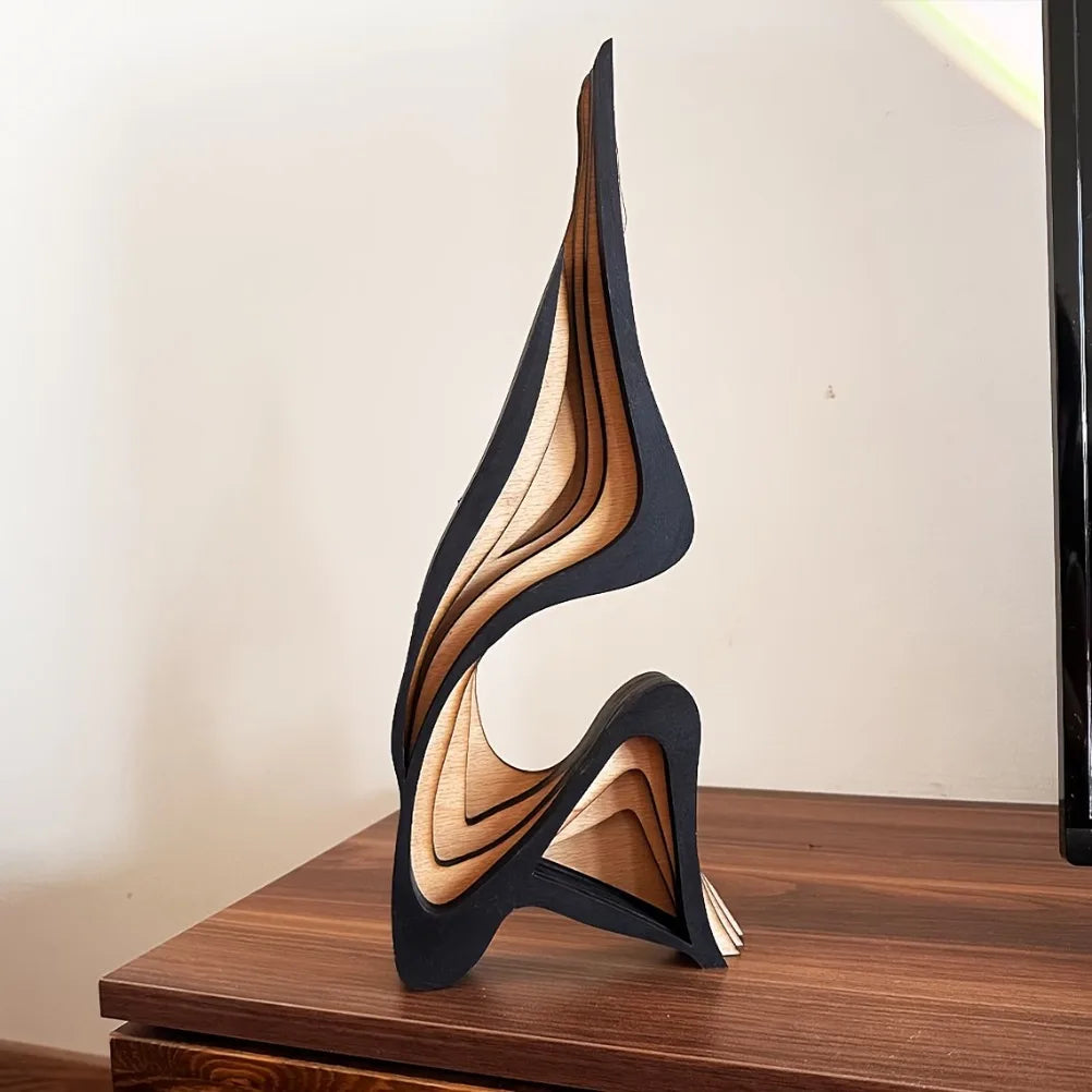 Abstract Wave Wood Sculpture – Modern Shelf Decor