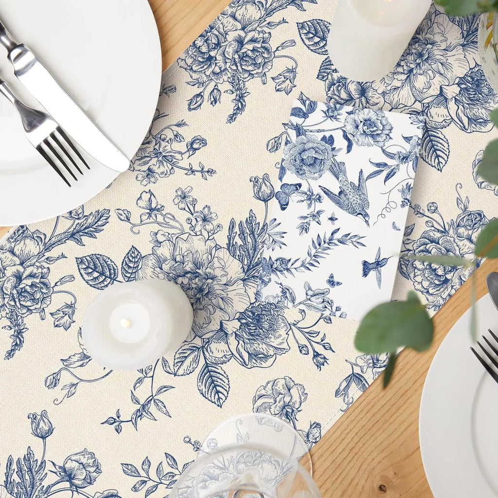Toile Floral Linen Table Runner – 33 × 180 cm