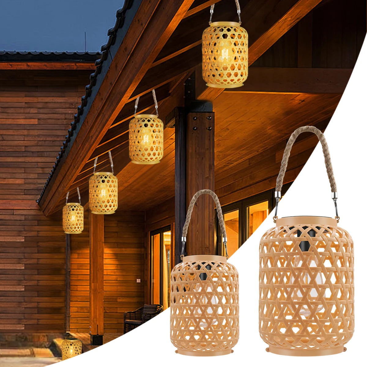 Solar Woven Lantern with Rope Handle and Edison-Style Bulb