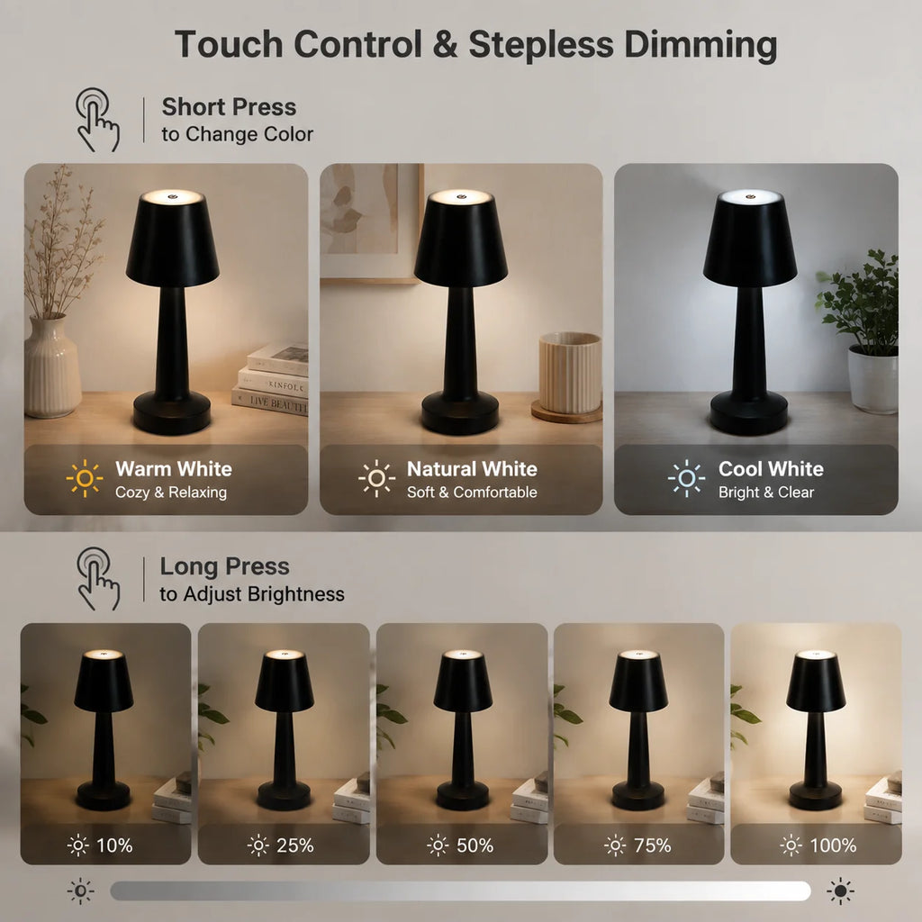 Tapered Shade Cordless Lamp – Rechargeable LED, 25 cm