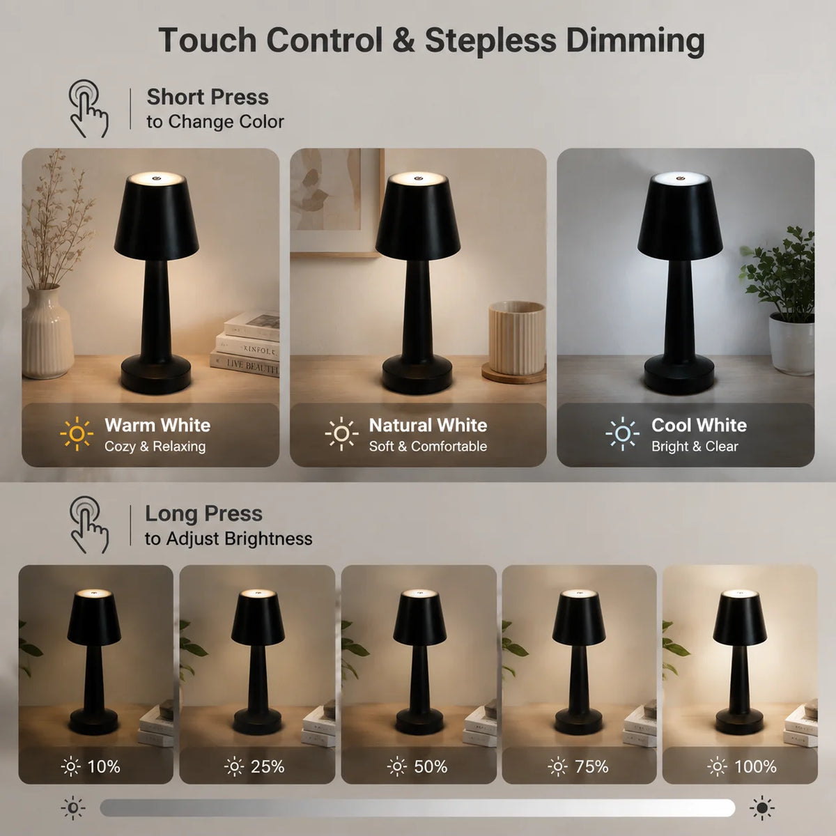 Tapered Shade Cordless Lamp – Rechargeable LED, 25 cm