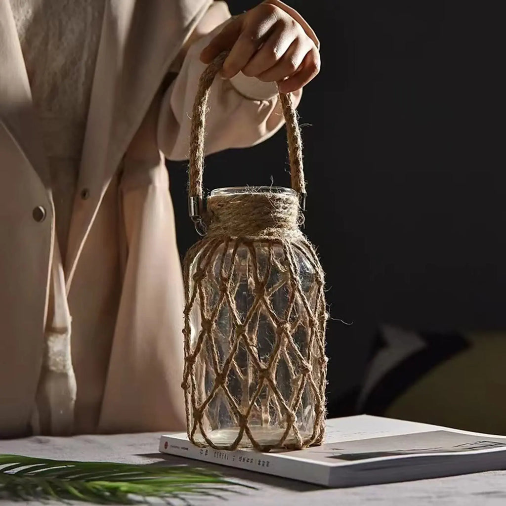 Rope Net Glass Vase – Rustic Jute Wrapped